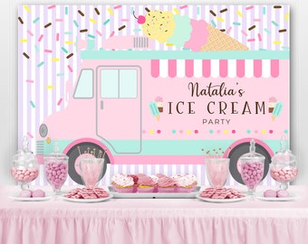 Ice Cream Party Backdrop, Cake Table Backdrop, Ice Cream Truck Birthday Backdrop Banner Welcome, Ice Cream Party Girl Pink Sign, PRINTED