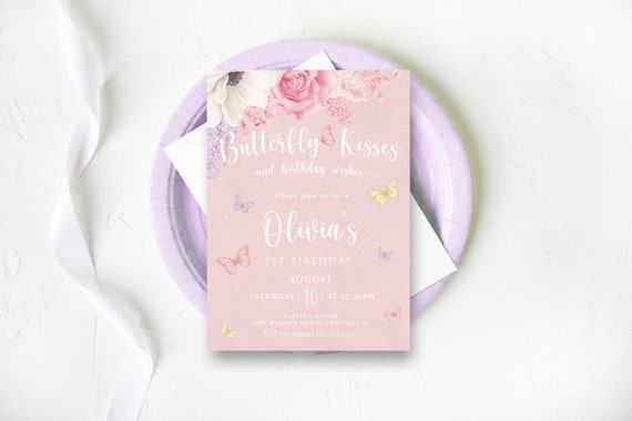 Butterfly Invitation, Butterfly Birthday Invitation, Butterfly Kisses Invitation, Pink Girl Birthday Invitation, Garden Floral Flowers Il_570xn