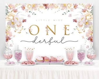 Little Miss Onederful First Birthday Backdrop, Floral Pink Gold Girl 1st Birthday, Floral Birthday Banner, Printable Backdrop, PRINTED