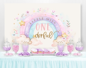 Rainbow Little Miss Onederful 1er cumpleaños telón de fondo, niña de oro rosa floral 1er cumpleaños, estandarte de cumpleaños floral, telón de fondo imprimible, IMPRESO