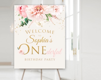 Blush Pink and Gold Welcome Sign, First Birthday Sign, Onederful Birthday, Girl Birthday,  Welcome Sign Birthday, 1st Birthday Party Sign