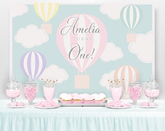 Hot Air Balloon Backdrop, Up Up and Away, Birthday Backdrop, Pastel Birthday Party Decorations, Girls First Birthday, Baby Shower, PRINTED