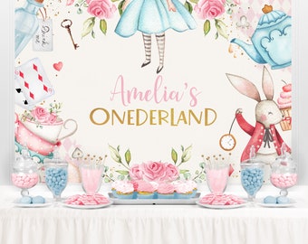 Alice in Wonderland Backdrop, Alice in Onederland Decorations, Onederland Girl Pink 1st Birthday Party, 1st Mad Tea Party, Backdrop Banner
