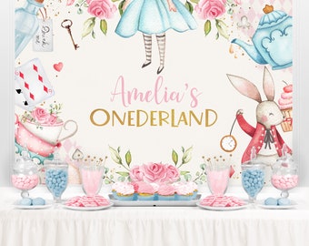 Alice in Wonderland Backdrop, Alice in Onederland Decorations, Onederland Girl Pink 1st Birthday Party, 1st Mad Tea Party Banner, PRINTED