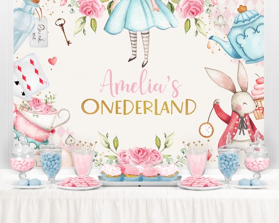 Birthday Party Set, Personalized Alice in Wonderland Backdrop,  Personalized, Vinyl Backdrop, Stickers, Decorations 