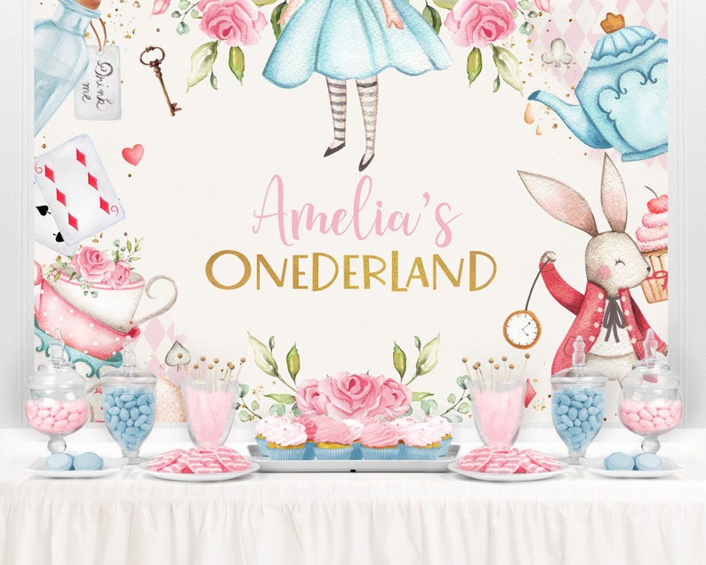 Alice in Wonderland Backdrop, Alice in Onederland Decorations, Onederland Girl Pink 1st Birthday Party, 1st Mad Tea Party Banner, PRINTED image 1
