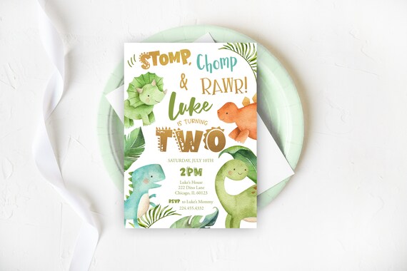 Dinosaur Birthday Invitation, Boy Green Blue Dino Invites, Dino T-Rex Birthday Invitation, Any Age, Digital Download, Printable Invitation Il_570xn