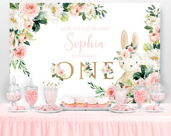 Bunny Backdrop, Some Bunny is One, Bunny Party Sign , Bunny Birthday Party Backdrop, Bunny Baby Shower Backdrop, Floral Pink Gold, PRINTED