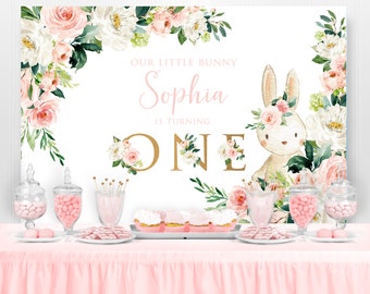 Bunny Backdrop, Some Bunny is One, Bunny Party Sign , Bunny Birthday Party Backdrop, Bunny Baby Shower Backdrop, Floral Pink Gold, PRINTED