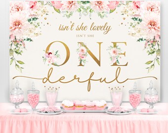 Isn't She Lovely Backdrop, Miss Onederful, Floral Pink and Gold Birthday Backdrop, Birthday Banner, Printable Backdrop, Girl 1st Birthday