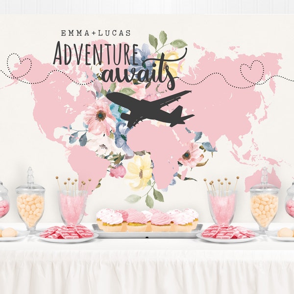 Adventure Awaits Backdrop - Adventure Awaits Bridal Shower Backdrop, Adventure Awaits Baby Shower Sign, Party Banner Background, PRINTED