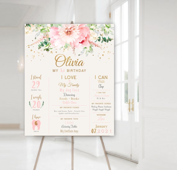 Floral Birthday Milestone Board Template, Baby Birthday Milestone Sign, Baby's First Birthday, Pink Blush Floral Milestone, PRINTED Il_570xn