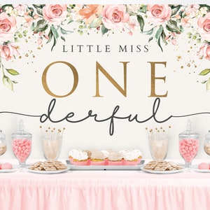 Little Miss Onederful First Birthday Backdrop, Floral Pink Gold Girl 1st Birthday, Floral Birthday Banner, Printable Backdrop, PRINTED