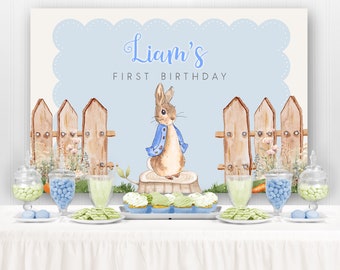 Peter Rabbit Backdrop Bunny Birthday Backdrop Boy First Birthday Bunny Baby Shower Backdrop Party SIgn Decorations Custom Backdrop, PRINTED