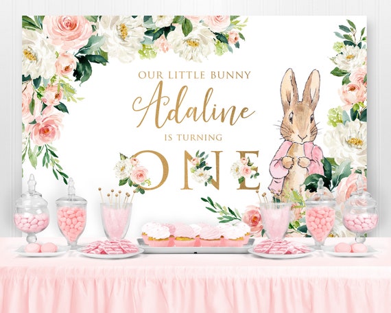 Peter Rabbit Backdrop, Birthday Backdrop, Girl First Birthday, Baby Shower Backdrop, Floral Pink and Gold Party Decorations, PRINTED Il_570xn