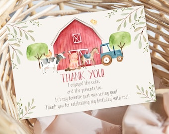 Farm Thank You Card Birthday, Thank you Note, Farm Animals Thank You Card,  Barnyard Party Animals, Download Printable