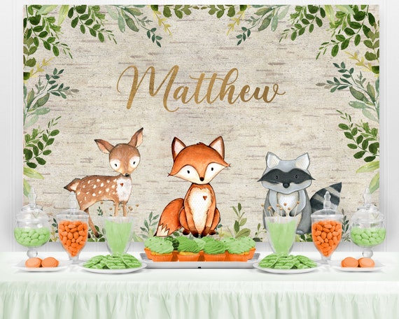 Woodland Backdrop, Birthday Backdrop, First Birthday, Baby Shower Backdrop, Cake Table Decorations, Party Table Background Banner, PRINTED Il_570xn