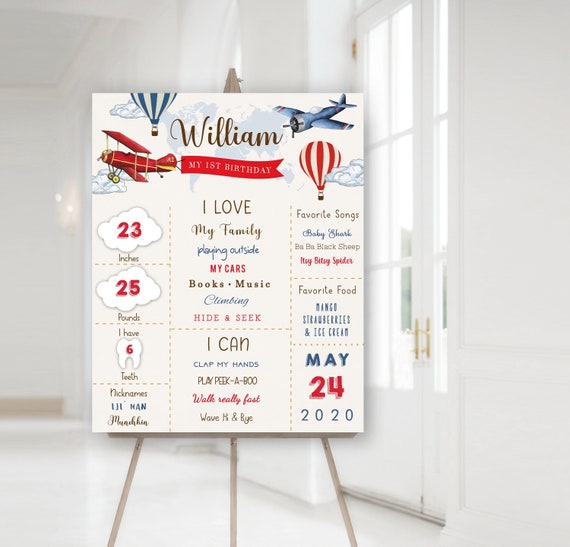 Vintage Red Airplane Milestone Poster, Airplane Birthday Milestones Sign, First Birthday Poster, Chalkboard Sign, First Birthday Poster Il_570xn
