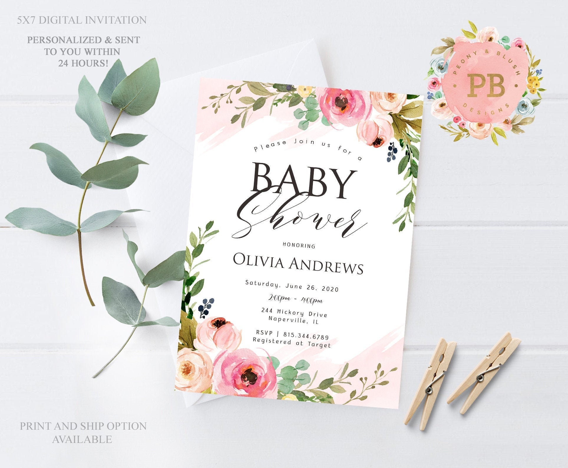 Custom Digital Printable Invitation 5x7 Pink Floral It's a Girl Cute Rose Baby Shower Invitation 4x6 Baby Shower Invitation