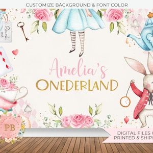 Alice in Wonderland Backdrop, Alice in Onederland Decorations, Onederland Girl Pink 1st Birthday Party, 1st Mad Tea Party Banner, PRINTED image 2