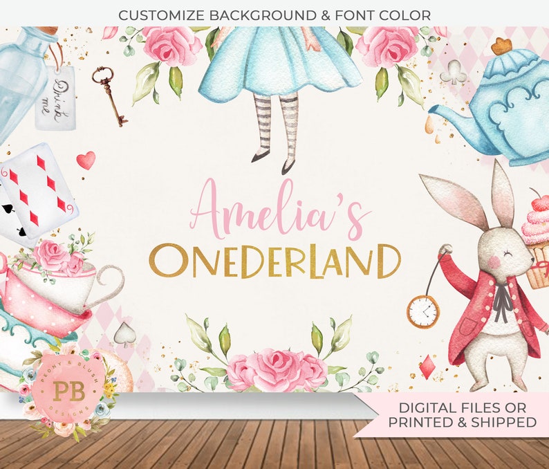 Alice in Wonderland Backdrop, Alice in Onederland Decorations, Onederland Girl Pink 1st Birthday Party, 1st Mad Tea Party Banner, PRINTED image 2