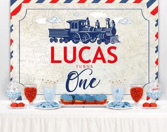 Train Birthday Backdrop, Railroad Vintage Train, Train Baby Shower, Red & Blue Train, Train Party, Printable Train Welcome Sign, Red Train