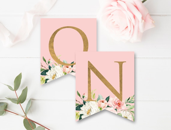 Blush Pink Floral Bunting, Floral DIY Banner Template, Boho Custom Banner, Printable Garland, Pink and Gold Banner, Baby Shower Bunting Il_570xn