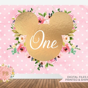 May include: Pink and white polka dot background with a gold Mickey Mouse head silhouette surrounded by pink and green watercolour flowers. The word "One" is written in white inside the Mickey Mouse head.
