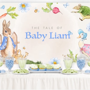 May include: A baby shower dessert table with a blue and green color scheme. The backdrop features a watercolor illustration of Peter Rabbit, a duck, and a mouse. The text "The Tale of Baby Liam" is written on the backdrop.