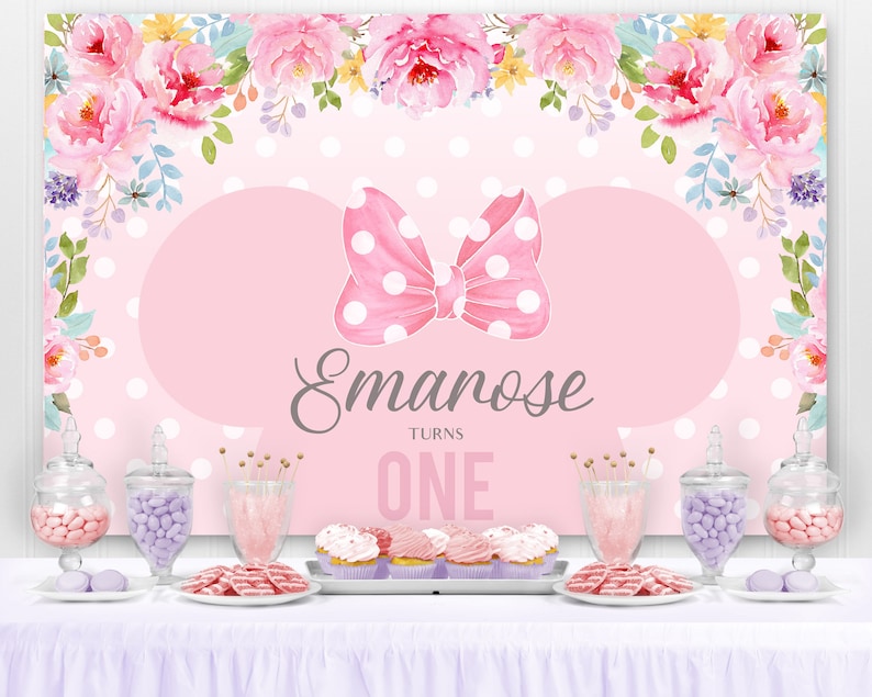 Digital Minnie Birthday Backdrop, Minnie Mouse Party, Digital Backdrop, Photo Backdrop, Sweet table Backdrop, Cake table Backdrop, PRINTED image 1