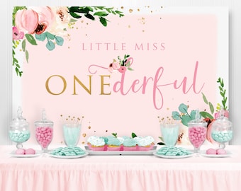 Little Miss Onederful First Birthday Backdrop, Floral Pink and Gold Birthday, Floral Birthday Banner, Printable Backdrop, Girl 1st Birthday