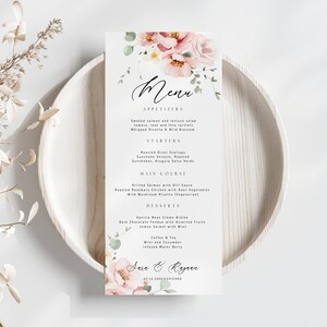 Floral Hochzeitsmenü Vorlage Personalisierte Blumen Moderne Hochzeit Abendmenü Benutzerdefinierte Hochzeitsfeier Menü Bearbeitbare Vorlage Digitaler Download