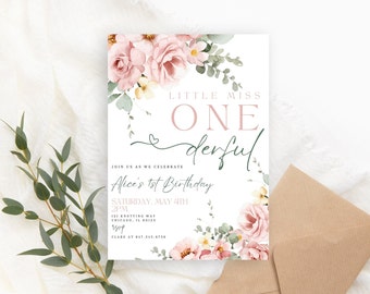 Isn't She Onederful First Birthday Party Invitation, Printable Baby Girl 1st Birthday Template, Blush Pink, Floral Birthday Invitation