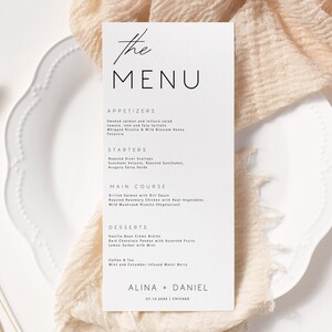 Minimalistische Hochzeitsmenü-Vorlage, personalisiertes modernes Hochzeits-Dinner-Menü, individuelles Hochzeitsempfangsmenü, editierbare Vorlage, einfaches Hochzeitsmenü