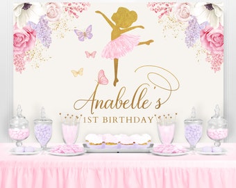 Ballerina Backdrop, Ballerina Birthday Backdrop, Ballerina Banner, Tutu Birthday Decorations, Ballet Party, Floral Pink and Gold Birthday