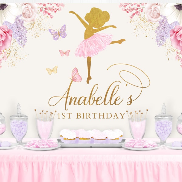 Ballerina Backdrop, Ballerina Birthday, Ballerina Banner, Tutu Birthday Decorations, Ballet Party, Floral Pink Gold Birthday, PRINTED