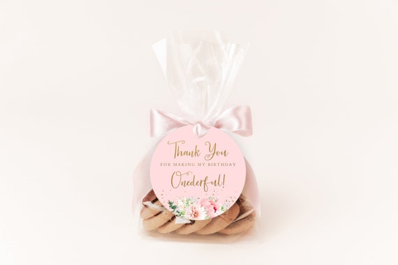 Editable Floral Favor tags, Blush Pink and Gold Favor Tag, Onederful Birthday Thank you tag, First Birthday Favor Tag, Round or Square Tag Il_570xn