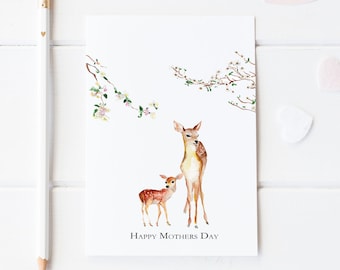 Momma Deer and Baby, with Cherry Blossoms Mother's Day Card. 100 % recycled paper. Card for Mom. Card for Wife. Sustainable.