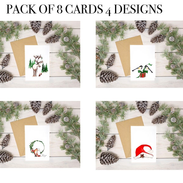 Packung mit 8 Karten 4 super süße Waldtier Weihnachten Designs - 100% Recyclingpapier