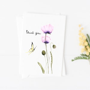 Carte note di ringraziamento papavero rosa! Stampa acquerello confezione riciclata al 100% da 8 carte. Regalo Green sostenibile.