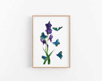 Blauer Schmetterling und lila Gladiolas Druck. Muttertagsgeschenk. Feiern Sie den Frühling.