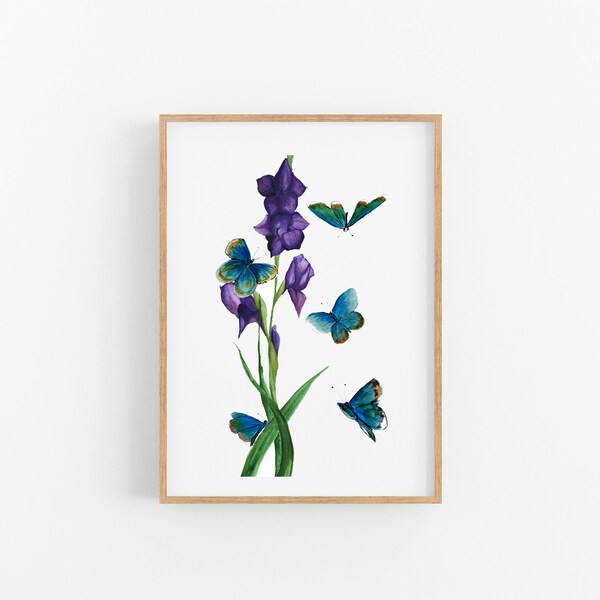 Blue Butterfly and purple Gladiolas print. Mothers Day Gift. Celebrate Spring.