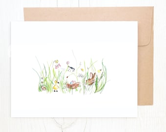 Spring time Easter Meadow with baby Animals- 100% Recycled Paper card and Envelope