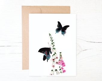Two Black Swallowtail butterflies and Foxgloves flower cards. Blank inside 100% recycled paper and sustainable product. Gift for Mom.
