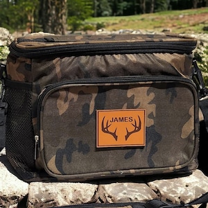 Personalized Hunting Cooler Bag, Hunting Gift, Beer Cooler with Deer Antlers Patch, Christmas Gift for Dad, Name Cooler, Outdoorsy Lunch Bag
