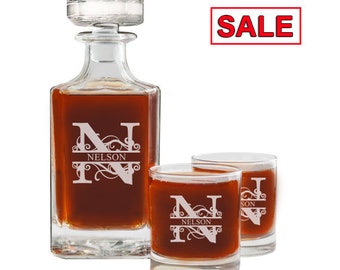 Personalized Whiskey Decanter and Glasses Set - Customized Gift for Men, Groomsmen, Birthday, Anniversary, Wedding or Retirement