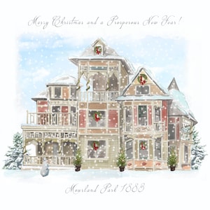 Weihnachtskarten- Personalisierte Aquarell Hauszeichnung für Weihnachtskarte, Erstes Weihnachten im neuen Zuhause Karte - 1. Weihnachten, Feiertagskarte