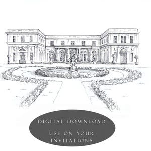 Rosecliffe Mansion, Newport, Rhode Island,  Hand Drawn Digital PGN File Wedding venue illustration  for invitations - or first anniversary