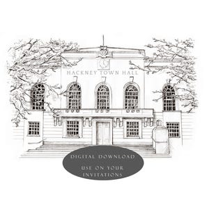 May include: Black and white line drawing illustration of Hackney Town Hall, a building with a clock tower and three arched windows. The text "HACKNEY TOWN HALL" is above the windows. The drawing is on a white background.