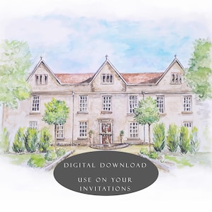May include: Watercolor painting of a stately beige building with a red tile roof, multiple windows, and a central doorway. The building is surrounded by green trees and bushes, under a blue sky. Text on the image reads "DIGITAL DOWNLOAD USE ON YOUR INVITATIONS."
